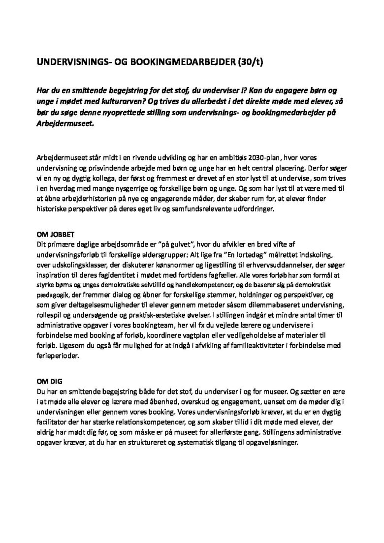 Undervisnings- og bookingmedarbejder_stillingsopslag_Arbejdermuseet